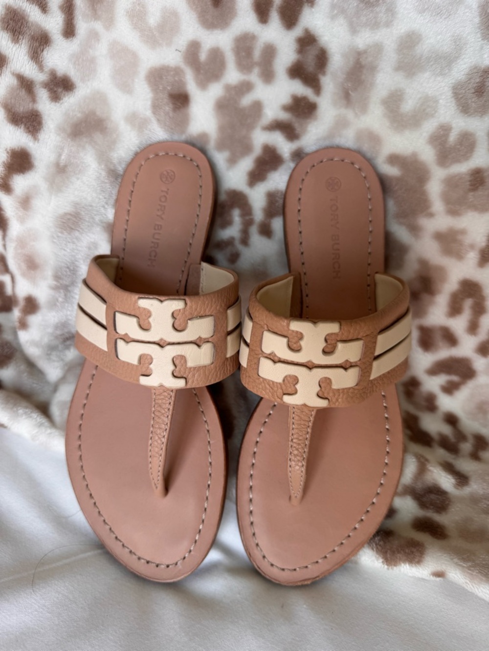 Tory Burch Blush Pink and Cream Leather Thong Sandals
